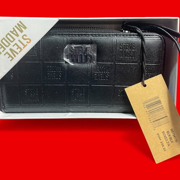 STEVE MADDEN BLACK LEATHER EMBOSSED LONG WALLET WRISTLET NWT - Picture 1 of 5